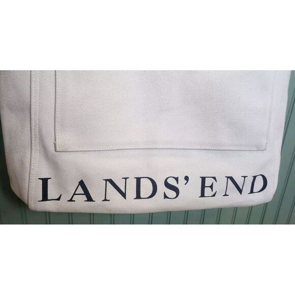 Lands End Canvas Tote 14x15x5‎ White Bag Tan Blue Logo & Trim Shopper Beach EUC - Picture 2 of 8